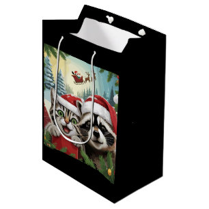 Cat Selfie With Santa's Sleigh Weird Raccoon Xmas Medium Gift Bag