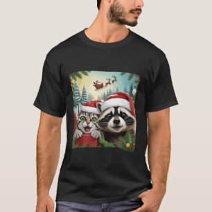 Cat Selfie With Santa's Sleigh Weird Raccoon Xmas T-Shirt