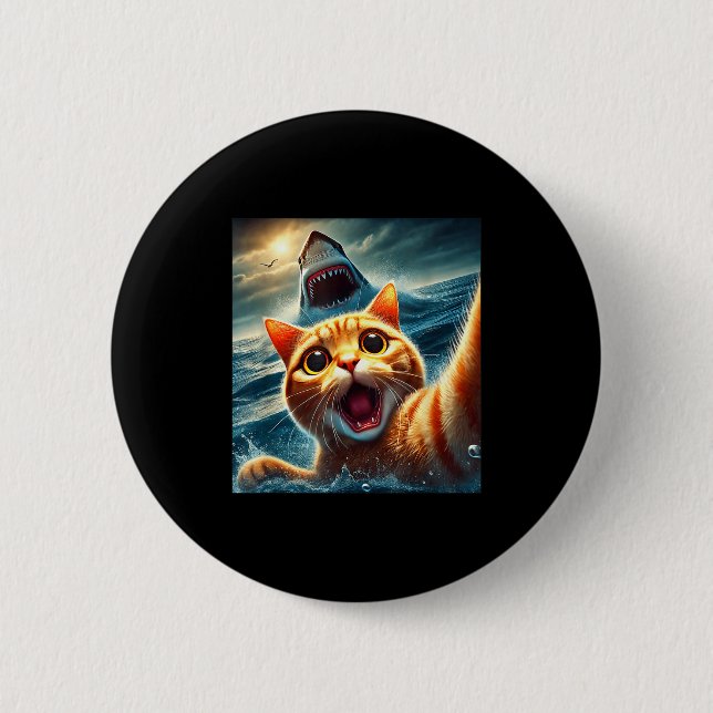 Cat Selfie With Shark Funny  Button (Front)