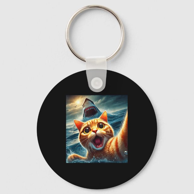 Cat Selfie With Shark Funny  Keychain (Front)