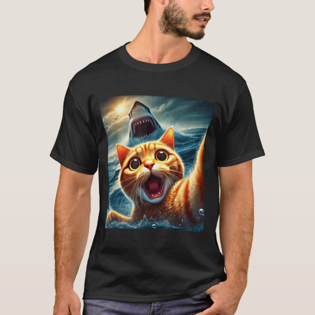 Cat Selfie With Shark Funny  T-Shirt (Front)