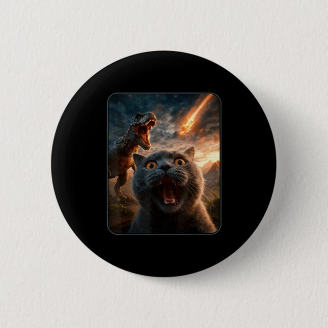 Cat Selfie With T-rex Dinosaur Funny Cat T Rex Shi Button (Front)