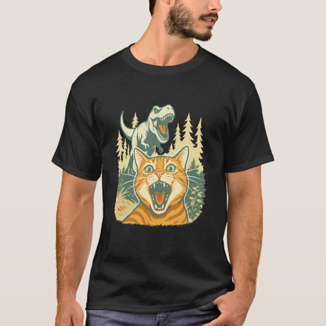 Cat Selfie with T Rex Dinosaur Funny T-Shirt (Front)