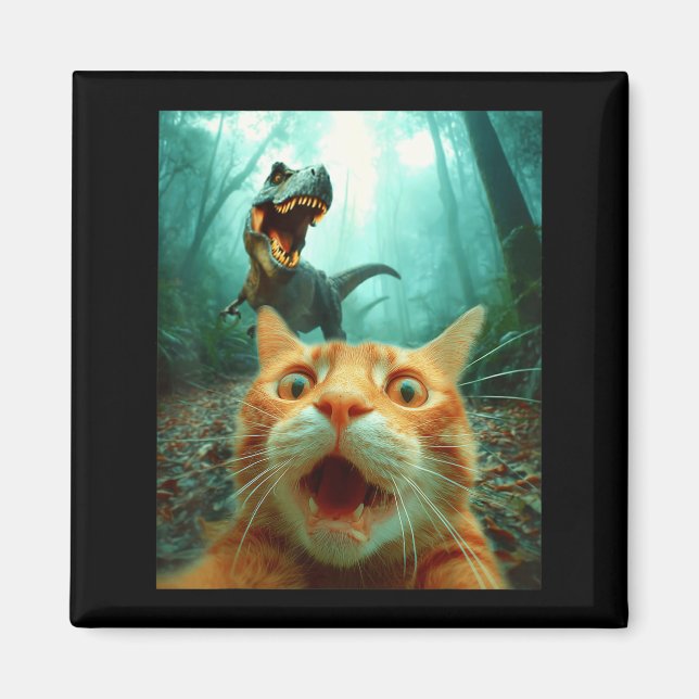 Cat Selfie With T-rex Dinosaur Trex Dino Men Women Magnet (Front)