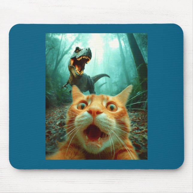Cat Selfie With T-rex Dinosaur Trex Dino Men Women Mouse Pad (Front)