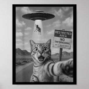 Cat Selfie With Ufo Alien Abduction Funny Cow Humo Poster