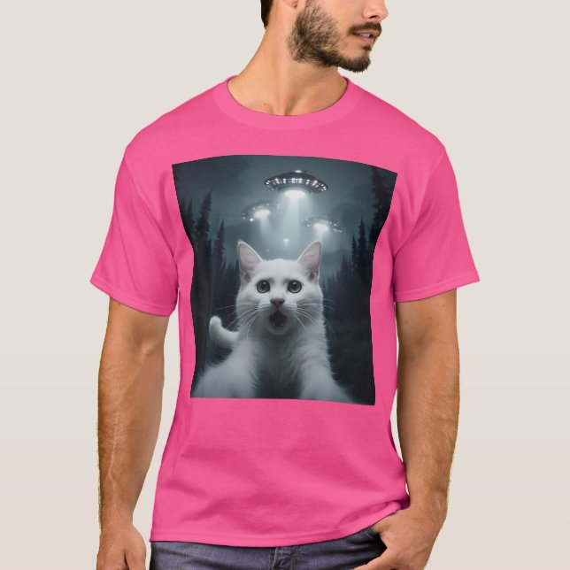 Cat Selfie With Ufo Funny T-Shirt (Front)