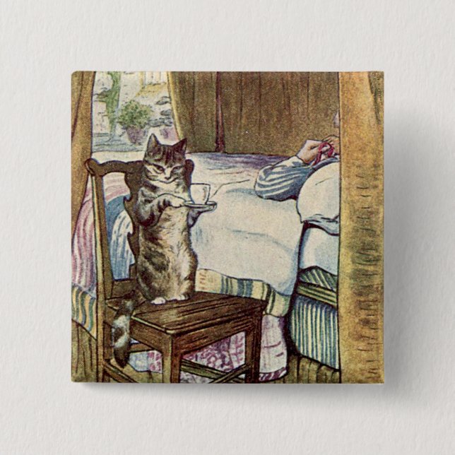 Cat Serves Tea - Beatrix Potter Illustrated Pinback Button (Front)