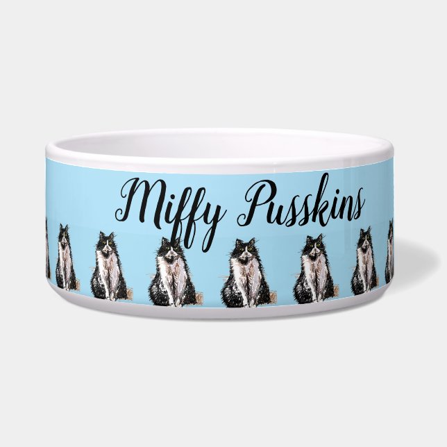 Cat Shabby Floral Pastel Blue Cute Pet Name  Bowl (Front)