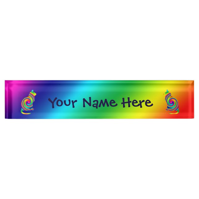Cat Shaped Rainbow Twirl Desk Name Plate (Front)