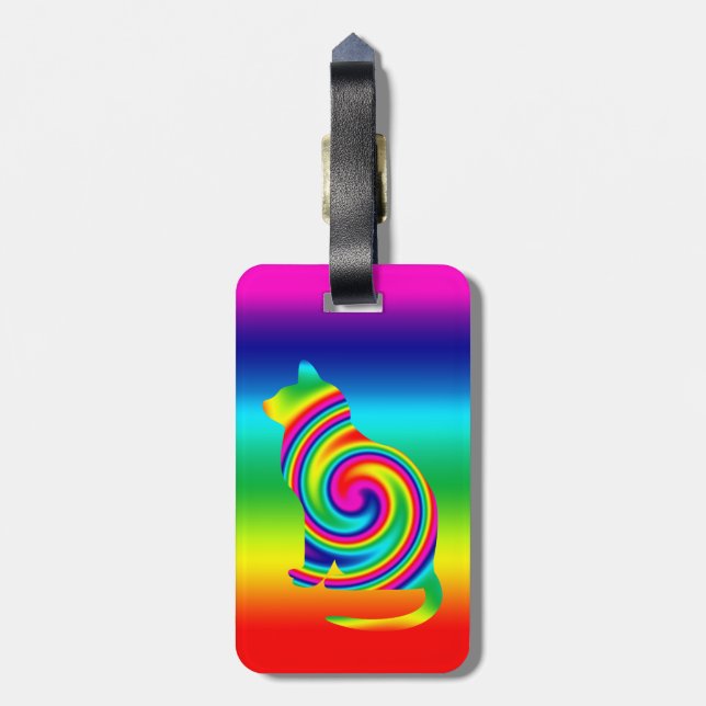 Cat Shaped Rainbow Twirl Luggage Tag (Back Vertical)