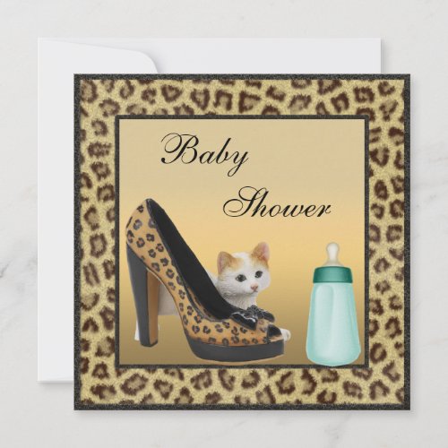 Cat, Shoe &amp; Bottle Fur Texture Neutral Baby Shower Personalized Invites