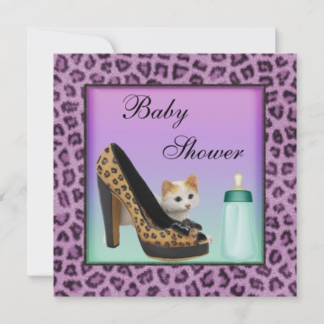 Cat, Shoe & Bottle Purple Fur Texture Baby Shower Invitation (Front)
