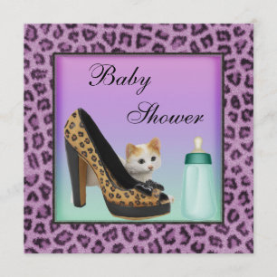 Cat, Shoe & Bottle Purple Fur Texture Baby Shower Invitation