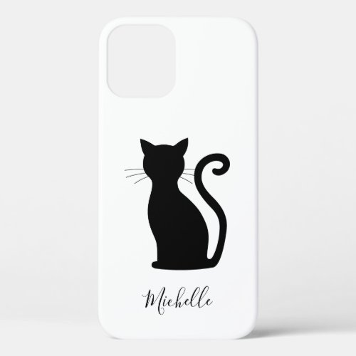 Cat Silhouette Black and White Name Cute Black Cat iPhone 12 Case