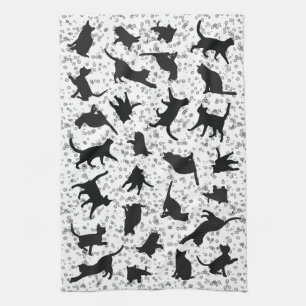 Cat Silhouette Black & White doodle bubble Kitchen Towel