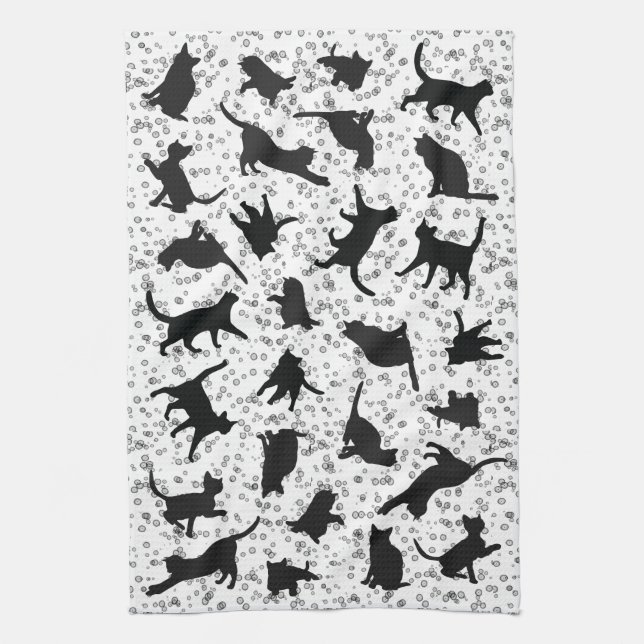 Cat Silhouette Black & White doodle bubble  Kitchen Towel (Vertical)