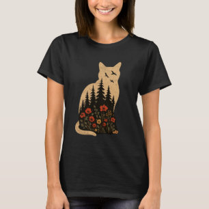 Cat Silhouette Colors Wildflower Boho Floral T-Shirt