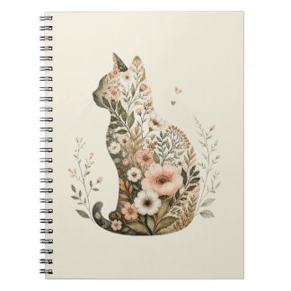 Cat Silhouette Floral Boho Wildflower Notebook