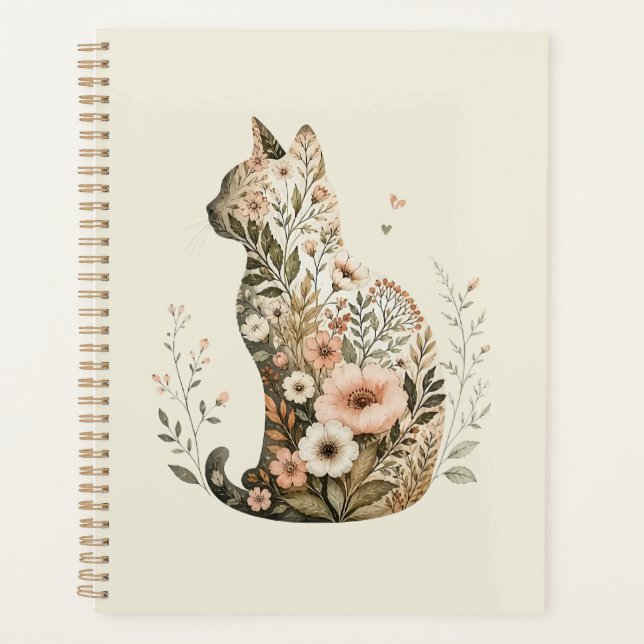  Cat Silhouette Floral Boho Wildflower Planner (Front)