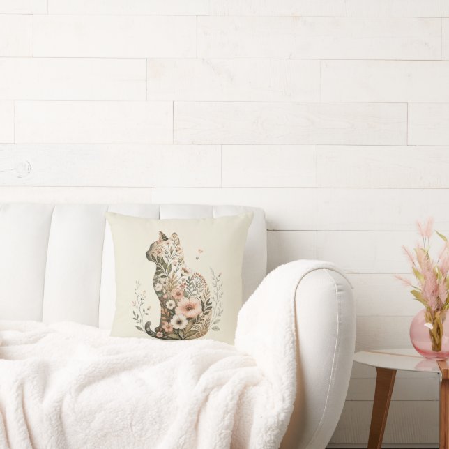  Cat Silhouette Floral Boho Wildflower Throw Pillow (Couch)
