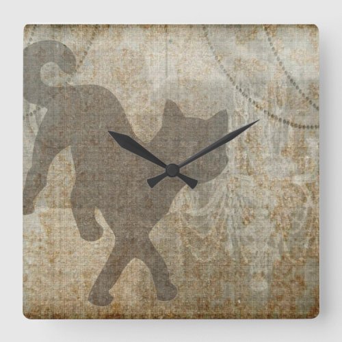 Cat Silhouette French Chic Chandelier Vintage Art Square Wall Clock