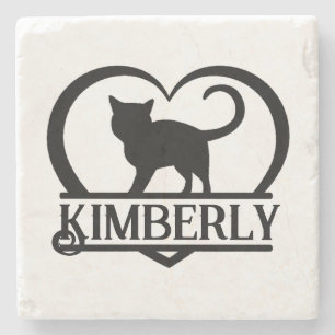 Cat Silhouette Heart Split Monogram Stone Coaster