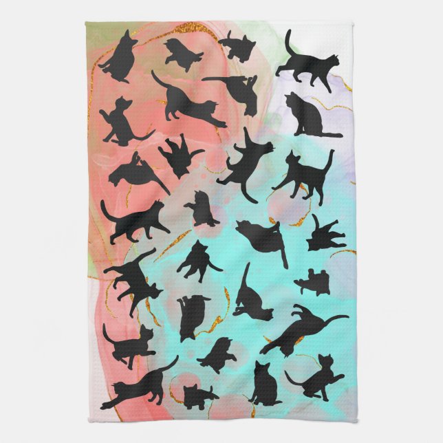 Cat Silhouette Kitchen Towel flowy ink background (Vertical)