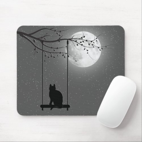 Cat Silhouette On A Swing In Moonlight Mouse Pad