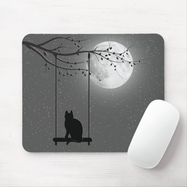 Cat Silhouette On A Swing In Moonlight Mouse Pad (With Mouse)