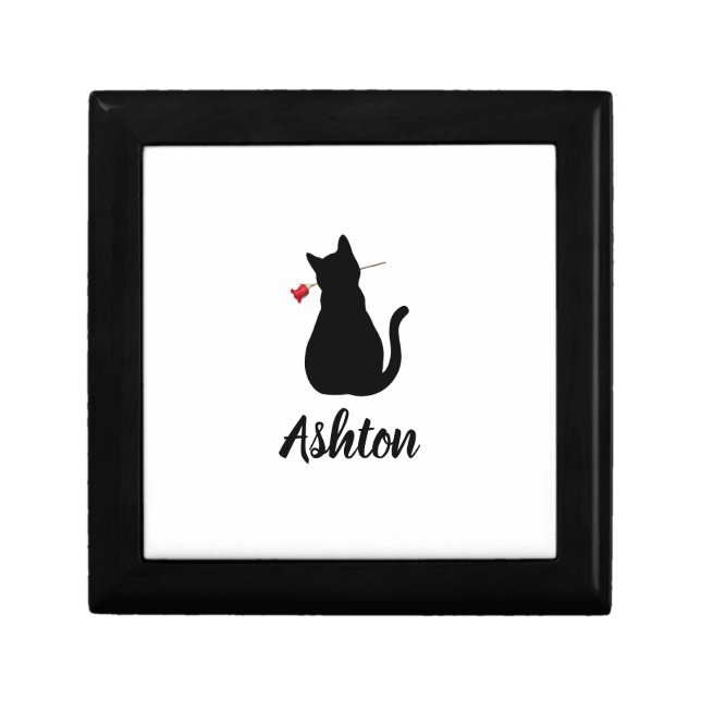 Cat Silhouette Red Rose Pet Lover Memorial NAME Gift Box (Front)