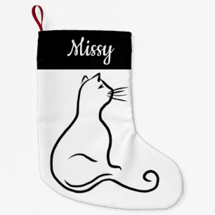 Cat silhouette single line simple black and white small christmas stocking