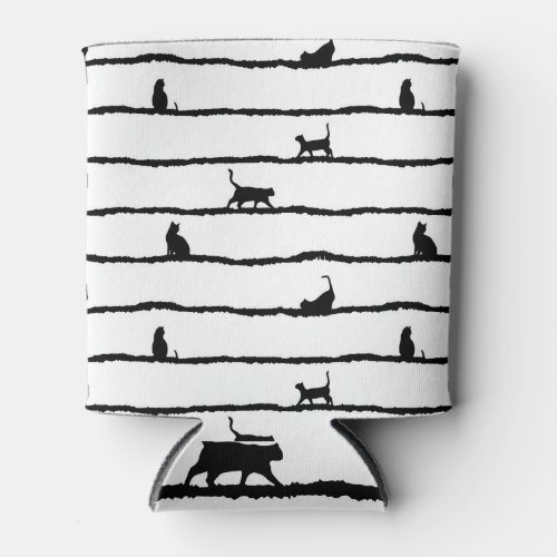 Cat Silhouette Stripes Abstract Hand Drawn Pattern Can Cooler