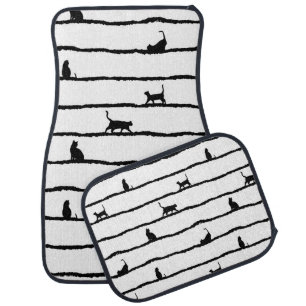 Cat Silhouette Stripes Abstract Hand Drawn Pattern Car Floor Mat