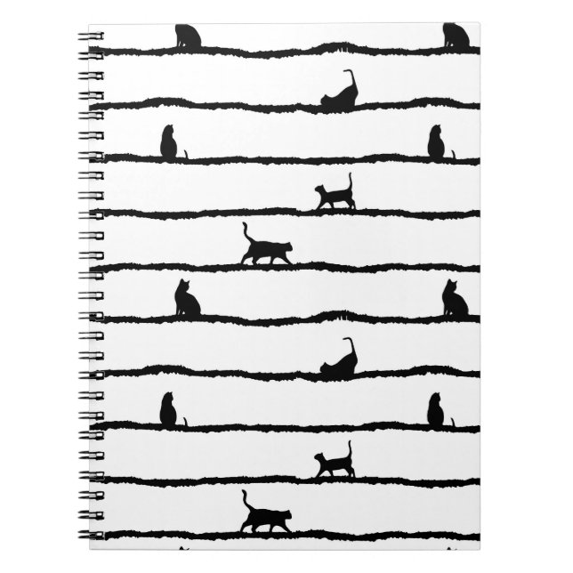 Cat Silhouette Stripes Abstract Hand Drawn Pattern Notebook (Front)