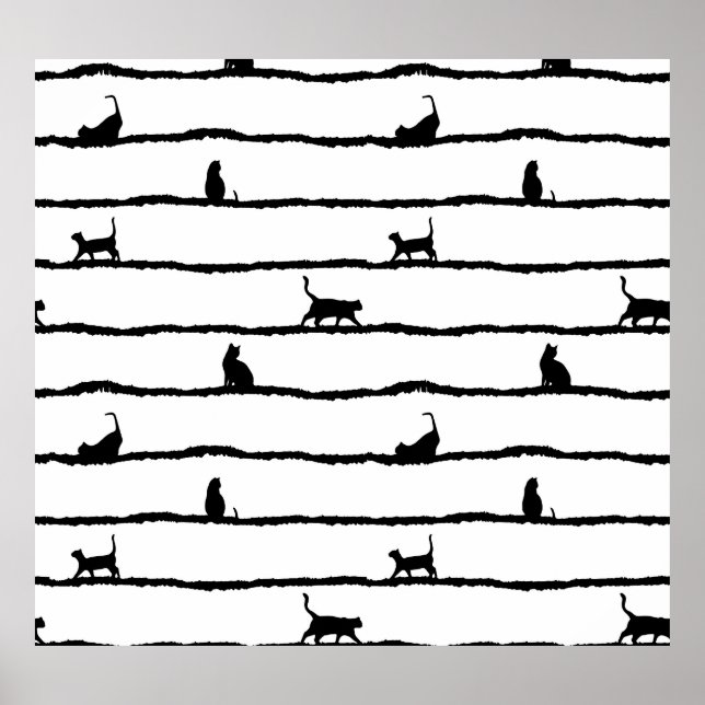 Cat Silhouette Stripes Abstract Hand Drawn Pattern Poster (Front)