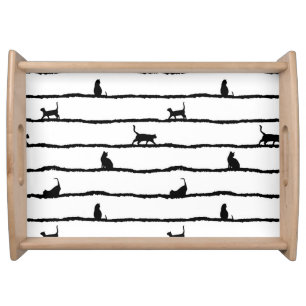 Cat Silhouette Stripes Abstract Hand Drawn Pattern Serving Tray