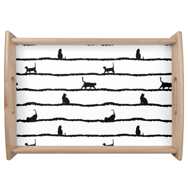 Cat Silhouette Stripes Abstract Hand Drawn Pattern Serving Tray (Front)