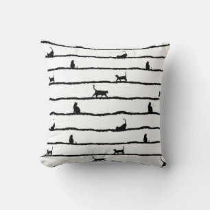 Cat Silhouette Stripes Abstract Hand Drawn Pattern Throw Pillow