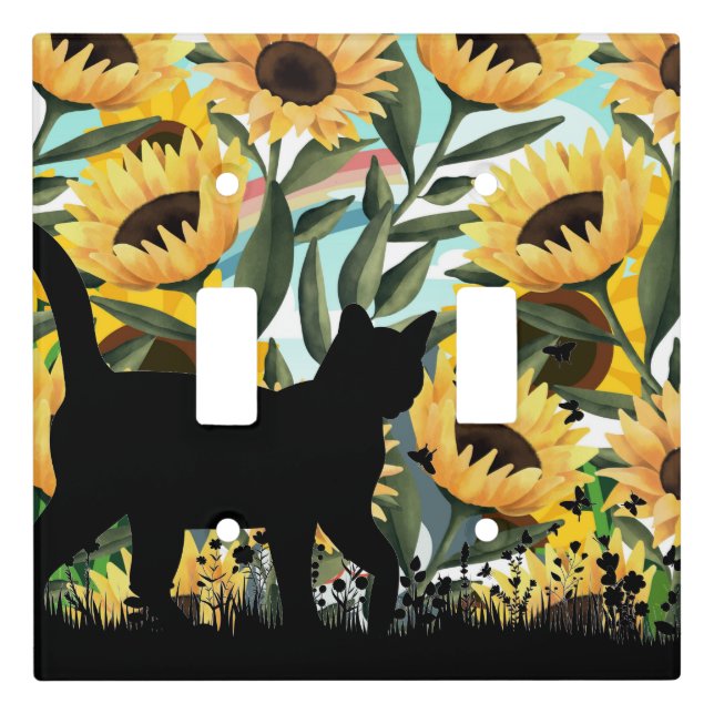 Cat Silhouette Sunflowers Art Light Switch Cover (Front)