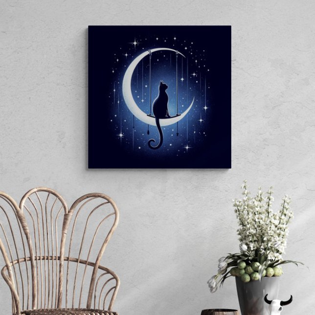 Cat silhouette swinging from the crescent moon canvas print (Creator Uploaded)