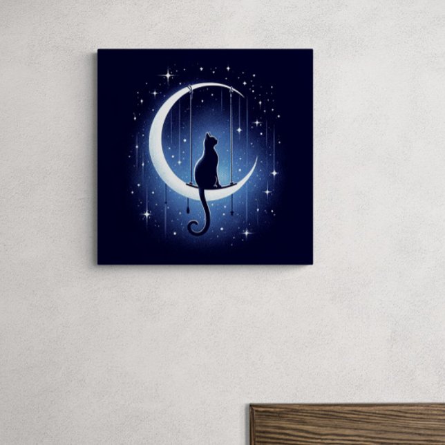 Cat silhouette swinging from the crescent moon canvas print (Creator Uploaded)