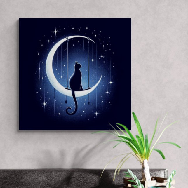 Cat silhouette swinging from the crescent moon canvas print (Creator Uploaded)