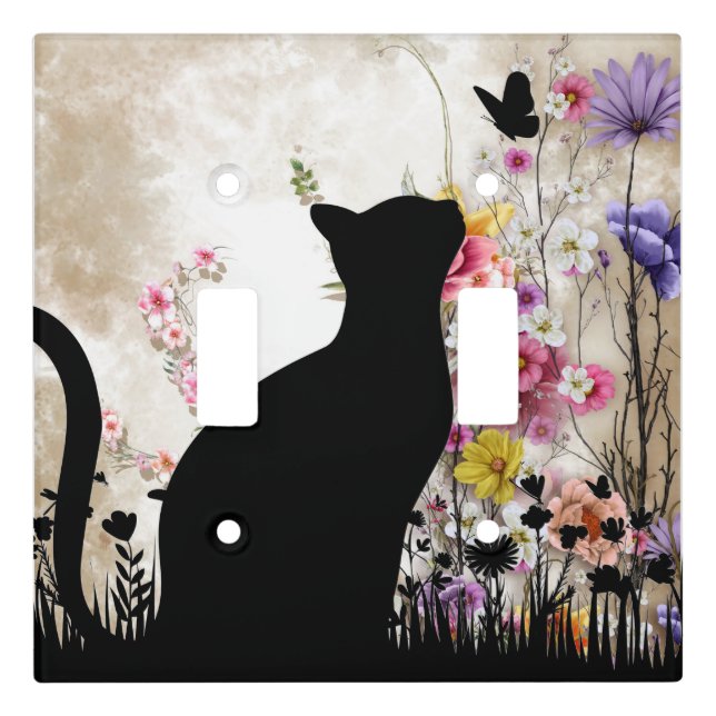 Cat Silhouette Wildflowers Art Light Switch Cover (Front)
