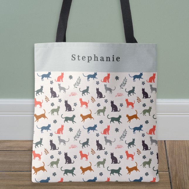 Cat Silhouettes Animal Pattern Modern Personalized Tote Bag (A stylish personalized tote bag patterned with cat silhouettes in various colors)