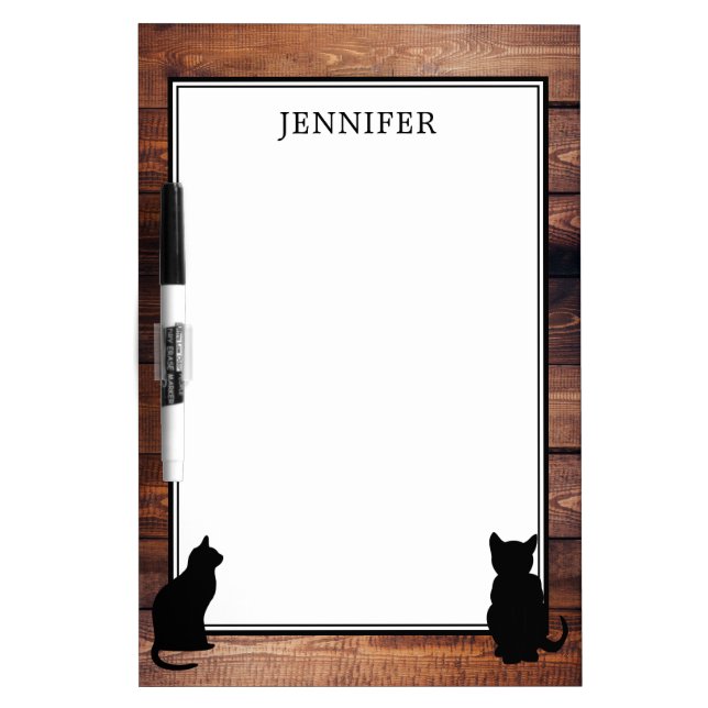 Cat silhouettes on rustic dark wood personalized dry erase board (Front)