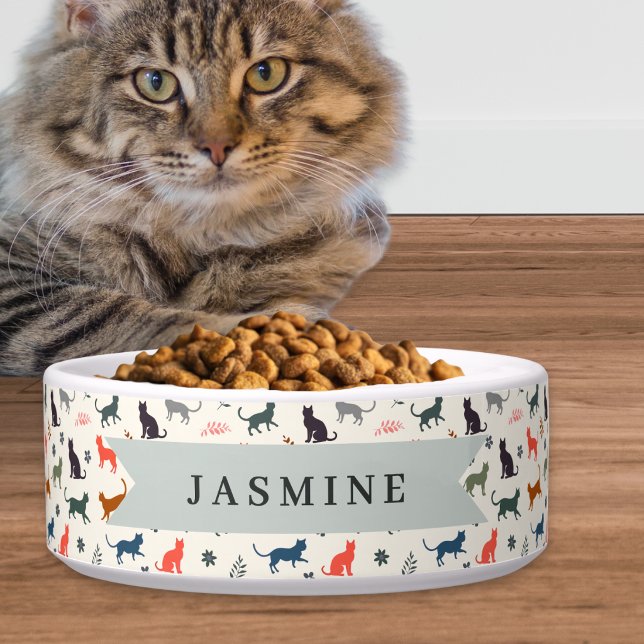 Cat Silhouettes Pattern Retro Custom Name Pet Bowl (A personalized ceramic food or water bowl for your cat, with colorful cat silhouettes pattern)