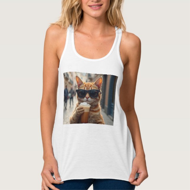 Cat Sipping Coffee On A Street Tank Top (Front)