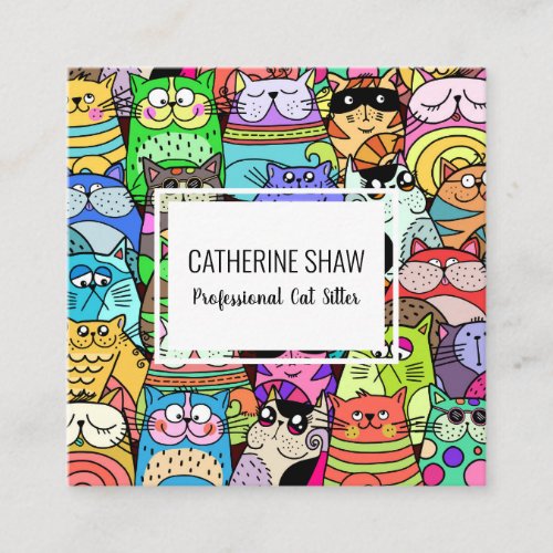 Cat Sitter Cute Pet Doodle Template Square Business Card