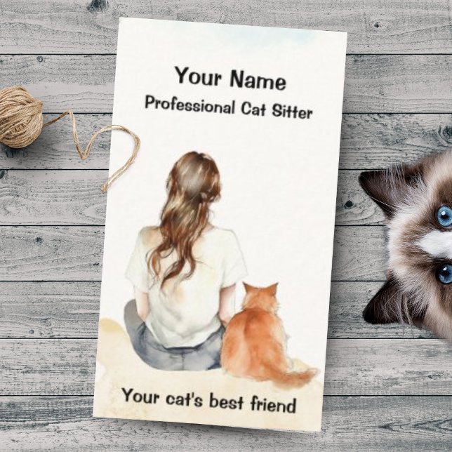 Cat Sitter Girl with Cat Watercolor Business Card (Business card cat sitter watercolor lady with cat)